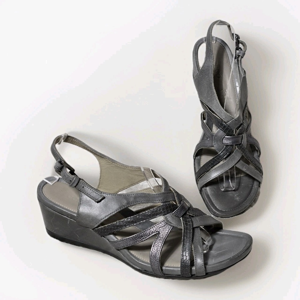 ECCO Wedge Leather Strappy Sandals Sz 7.5 / 38 Gray Comfy Sling Back Resort Shoe